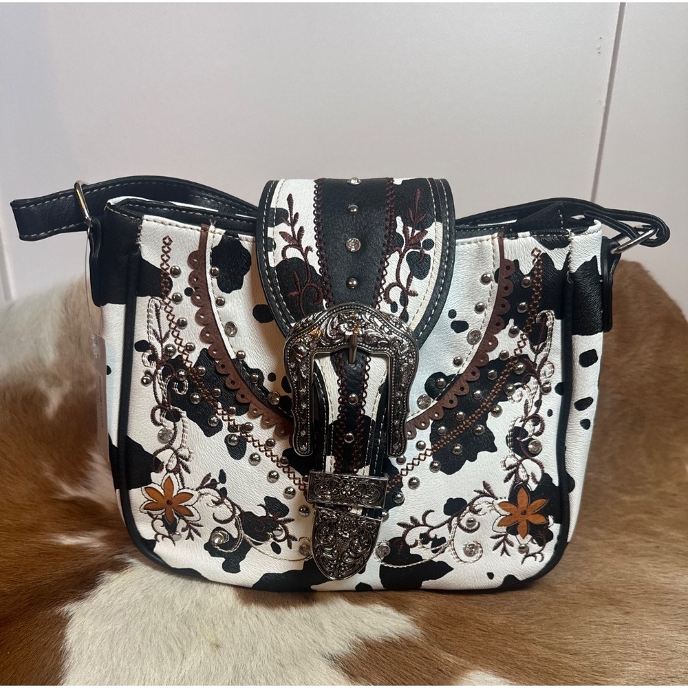 NEW | Western Vegan Leather Cow Print Embellished Purse with Buckle Accent & CC